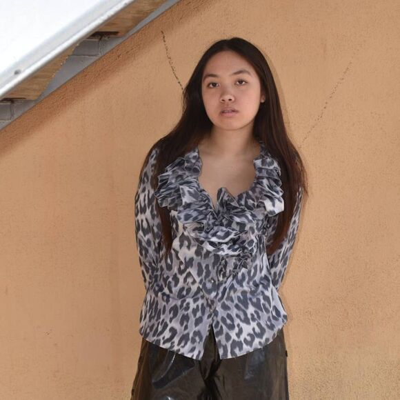 St. John Ruffle Collar Silver Cheetah Print Button Up Top- 8 - Picture 3 of 8